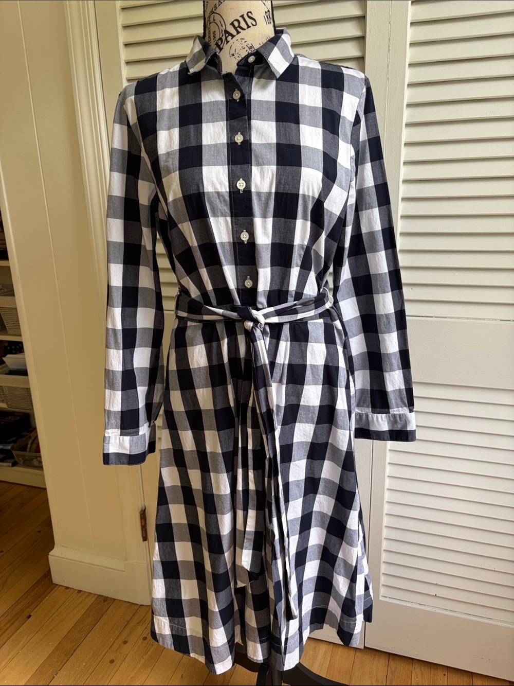 J. Crew Navy & White Gingham Tie-Waist Button-Front Midi Dress 12